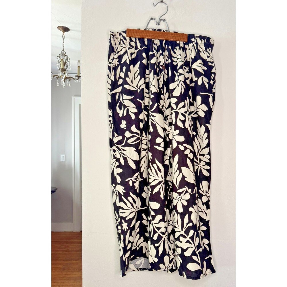 Christian Siriano New York 1X Black White Tropical Wide Leg Linen Pants Resort